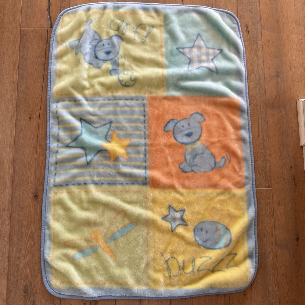 Vtg Tykes Baby Boom Puppy Dog Stars Bee ARF BUZZ Plush Fleece Blue Orange Green